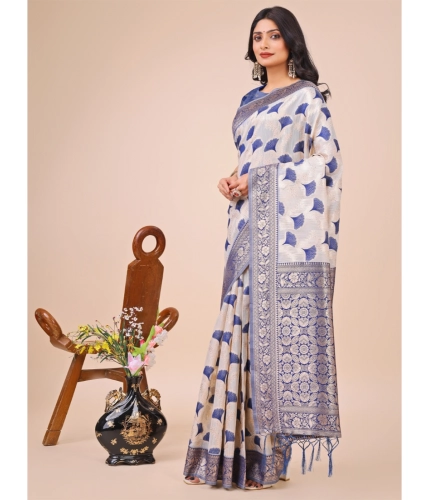 Generic Women's Linen Cotton Printed Saree With Unstitched Blouse 5.5Mtr (Blue)