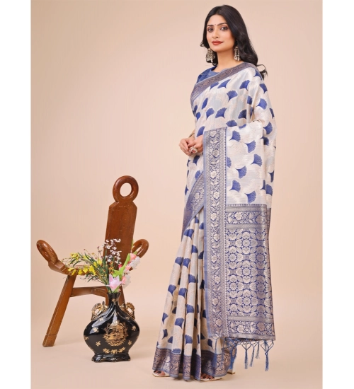Generic Women's Linen Cotton Printed Saree With Unstitched Blouse 5.5Mtr (Blue)