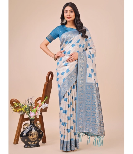 Generic Women's Linen Cotton Printed Saree With Unstitched Blouse 5.5Mtr (Teal)