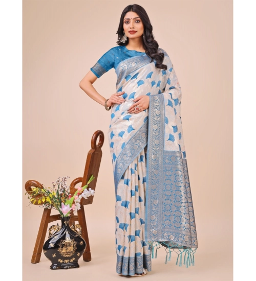 Generic Women's Linen Cotton Printed Saree With Unstitched Blouse 5.5Mtr (Teal)