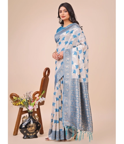 Generic Women's Linen Cotton Printed Saree With Unstitched Blouse 5.5Mtr (Sky Blue)