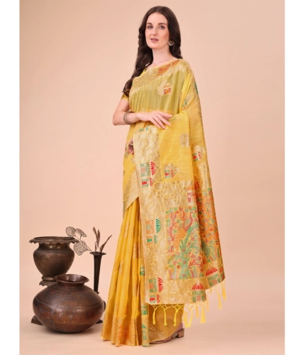 Generic Women's Linen Cotton Printed Saree With Unstitched Blouse 5.5Mtr (Yellow)