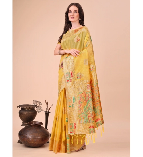 Generic Women's Linen Cotton Printed Saree With Unstitched Blouse 5.5Mtr (Yellow)