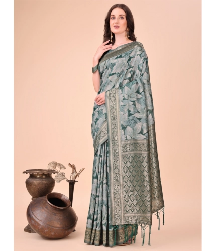 Generic Women's Cotton Printed Saree With Unstitched Blouse 5.5Mtr (Green)