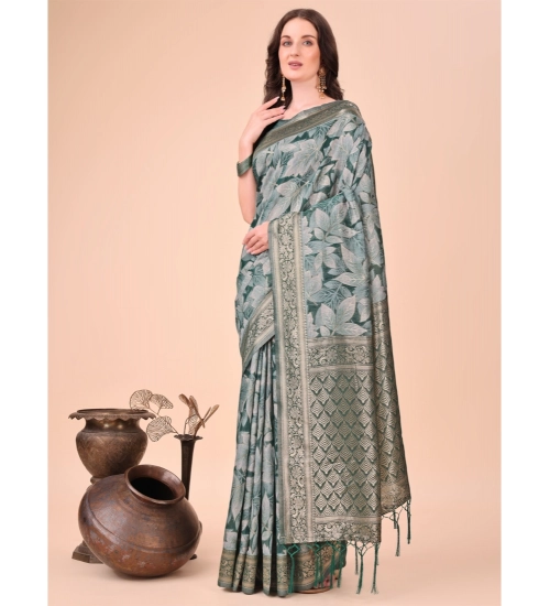 Generic Women's Cotton Printed Saree With Unstitched Blouse 5.5Mtr (Green)