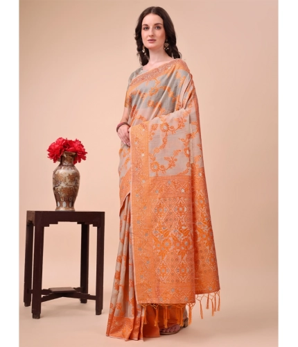 Generic Women's Cotton Printed Saree With Unstitched Blouse 5.5Mtr (Orange)