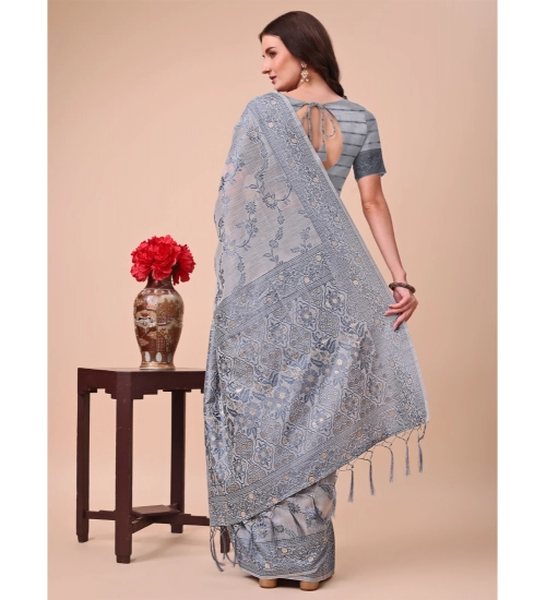 Generic Women's Cotton Printed Saree With Unstitched Blouse 5.5Mtr (Grey)