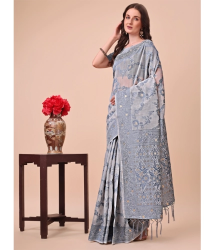 Generic Women's Cotton Printed Saree With Unstitched Blouse 5.5Mtr (Grey)
