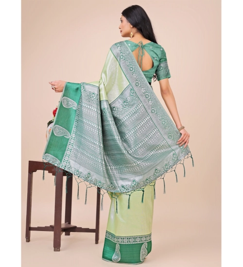Generic Women's Lichi Silk Printed Saree With Unstitched Blouse 5.5Mtr (Light Green)