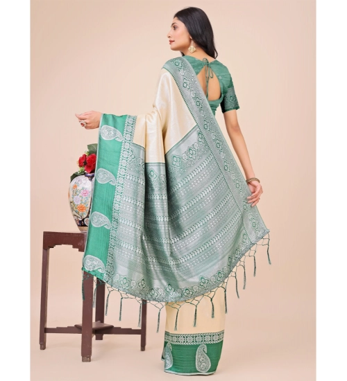Generic Women's Lichi Silk Printed Saree With Unstitched Blouse 5.5Mtr (Cream)