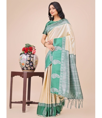 Generic Women's Lichi Silk Printed Saree With Unstitched Blouse 5.5Mtr (Cream)