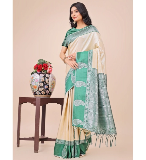 Generic Women's Lichi Silk Printed Saree With Unstitched Blouse 5.5Mtr (Cream)