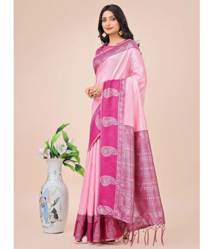 Generic Women's Lichi Silk Printed Saree With Unstitched Blouse 5.5Mtr (Light Pink)