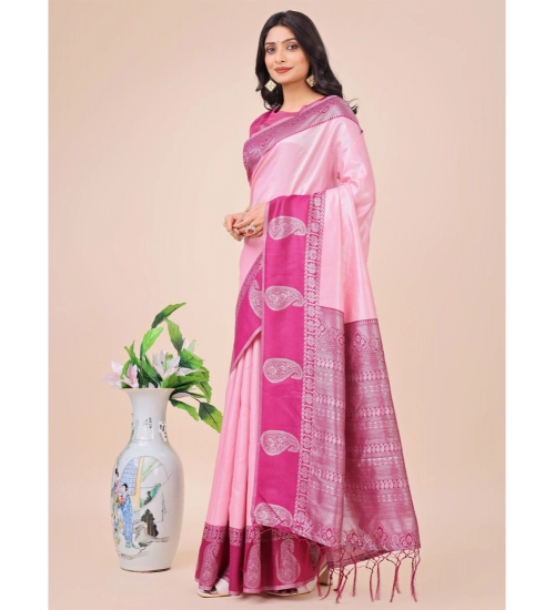 Generic Women's Lichi Silk Printed Saree With Unstitched Blouse 5.5Mtr (Light Pink)