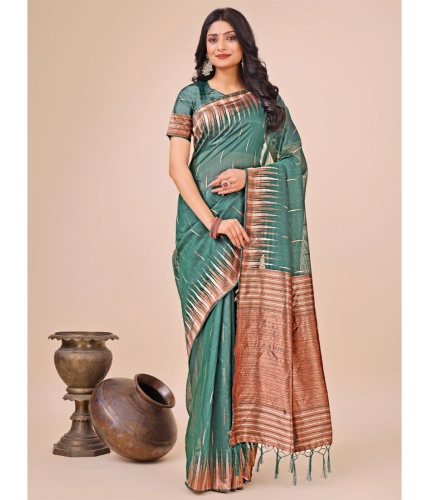 Generic Women's Linen Cotton Printed Saree With Unstitched Blouse 5.5Mtr (Green)