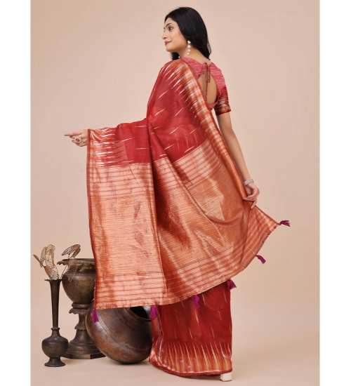 Generic Women's Linen Cotton Printed Saree With Unstitched Blouse 5.5Mtr (Red)