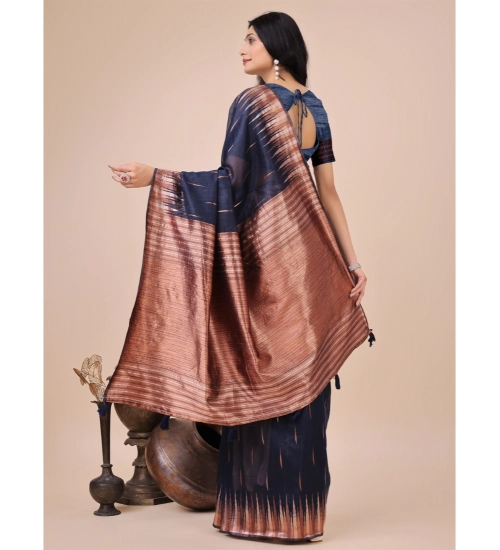 Generic Women's Linen Cotton Printed Saree With Unstitched Blouse 5.5Mtr (Navy Blue)