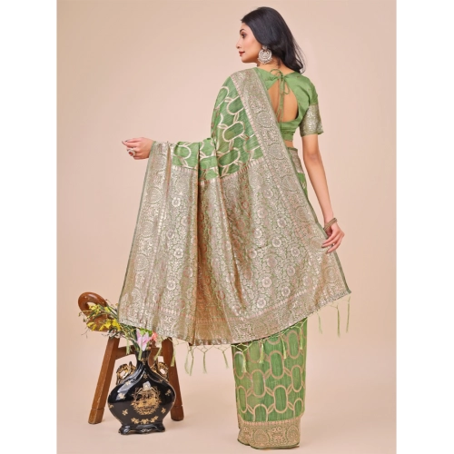Women's Linen Cotton Printed Saree With Unstitched Blouse 5.5Mtr (Green) Women's Linen Cotton Printed Saree With Unstitched Blouse 5.5Mtr (Green)