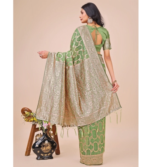 Generic Women's Linen Cotton Printed Saree With Unstitched Blouse 5.5Mtr (Green)