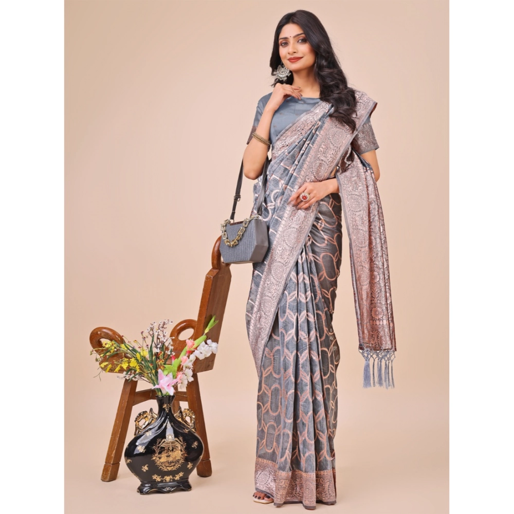Generic Women's Linen Cotton Printed Saree With Unstitched Blouse 5.5Mtr (Grey) Generic Women's Linen Cotton Printed Saree With Unstitched Blouse 5.5Mtr (Grey)