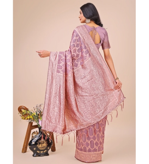Generic Women's Linen Cotton Printed Saree With Unstitched Blouse 5.5Mtr (Purple)