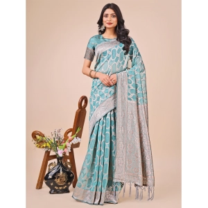 Generic Women's Linen Cotton Printed Saree With Unstitched Blouse 5.5Mtr (Teal)