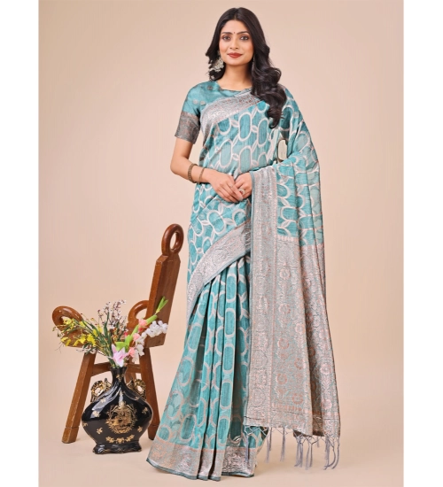 Generic Women's Linen Cotton Printed Saree With Unstitched Blouse 5.5Mtr (Teal)