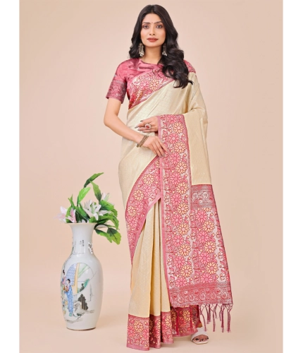 Generic Women's Lichi Silk Printed Saree With Unstitched Blouse 5.5Mtr (Cream)