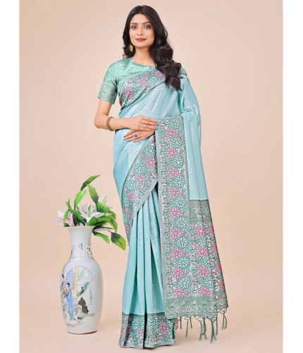 Generic Women's Lichi Silk Printed Saree With Unstitched Blouse 5.5Mtr (Teal)