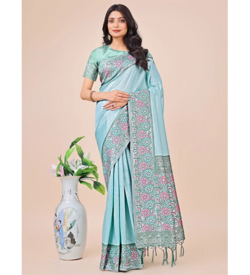 Generic Women's Lichi Silk Printed Saree With Unstitched Blouse 5.5Mtr (Teal)