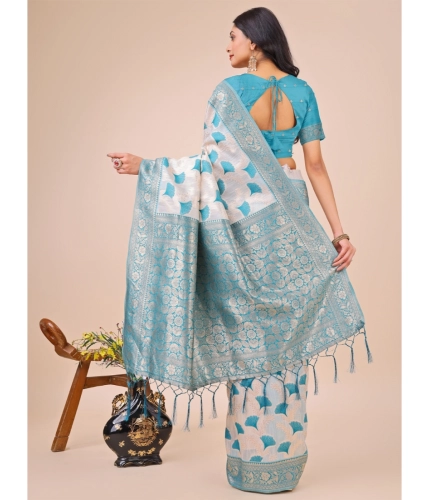 Generic Women's Linen Cotton Printed Saree With Unstitched Blouse 5.5Mtr (Teal) Generic Women's Linen Cotton Printed Saree With Unstitched Blouse 5.5Mtr (Teal)