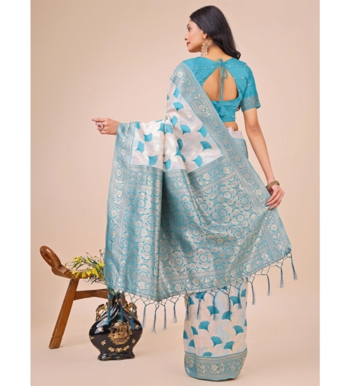 Generic Women's Linen Cotton Printed Saree With Unstitched Blouse 5.5Mtr (Teal)