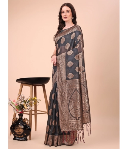 Generic Women's Cotton Printed Saree With Unstitched Blouse 5.5Mtr (Black)