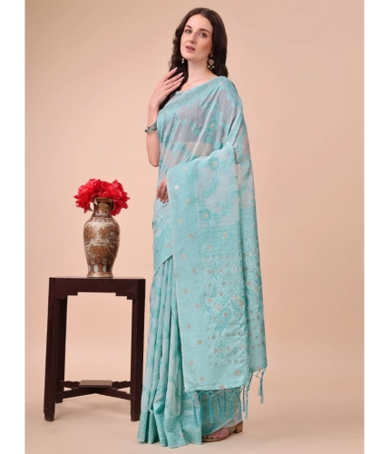 Generic Women's Cotton Printed Saree With Unstitched Blouse 5.5Mtr (Sky Blue)