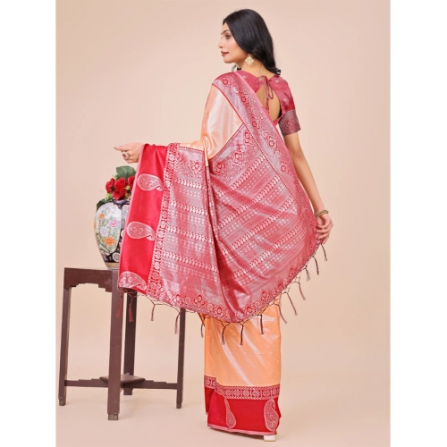 Women's Lichi Silk Printed Saree With Unstitched Blouse 5.5Mtr (Peach) Women's Lichi Silk Printed Saree With Unstitched Blouse 5.5Mtr (Peach)