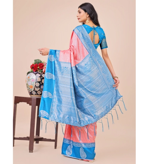 Generic Women's Lichi Silk Printed Saree With Unstitched Blouse 5.5Mtr (Peach)