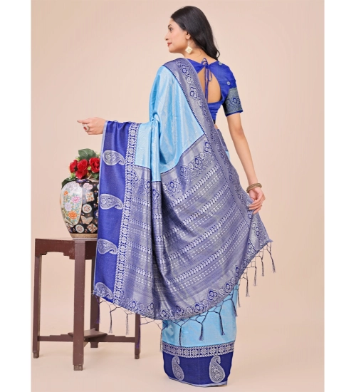 Generic Women's Lichi Silk Printed Saree With Unstitched Blouse 5.5Mtr (Sky Blue)
