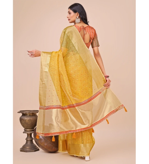 Generic Women's Organza Printed Saree With Unstitched Blouse 5.5Mtr (Yellow)
