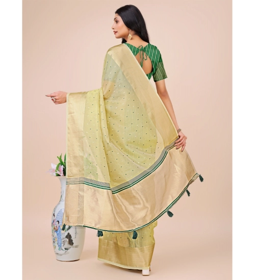 Generic Women's Organza Printed Saree With Unstitched Blouse 5.5Mtr (Light Green)