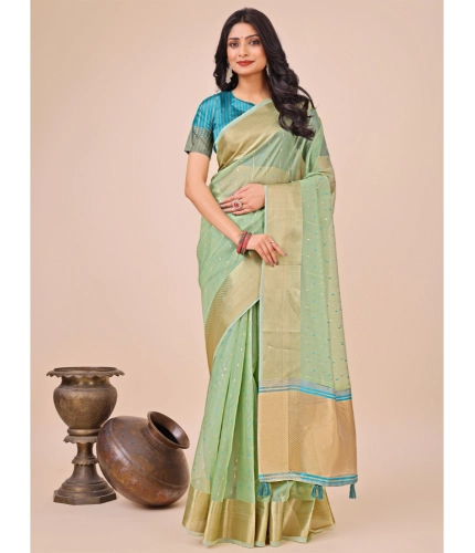 Generic Women's Organza Printed Saree With Unstitched Blouse 5.5Mtr (Green)