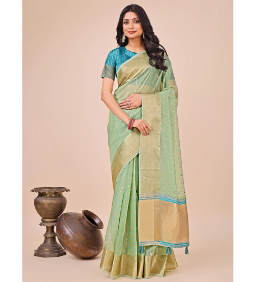 Generic Women's Organza Printed Saree With Unstitched Blouse 5.5Mtr (Green)