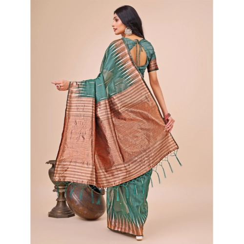 Women's Linen Cotton Printed Saree With Unstitched Blouse 5.5Mtr (Green) Women's Linen Cotton Printed Saree With Unstitched Blouse 5.5Mtr (Green)