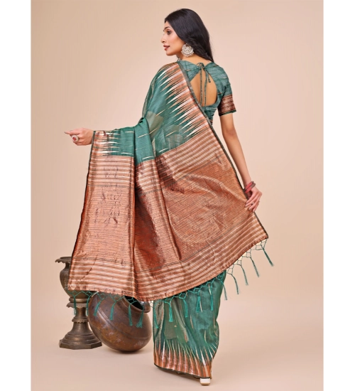 Generic Women's Linen Cotton Printed Saree With Unstitched Blouse 5.5Mtr (Green)