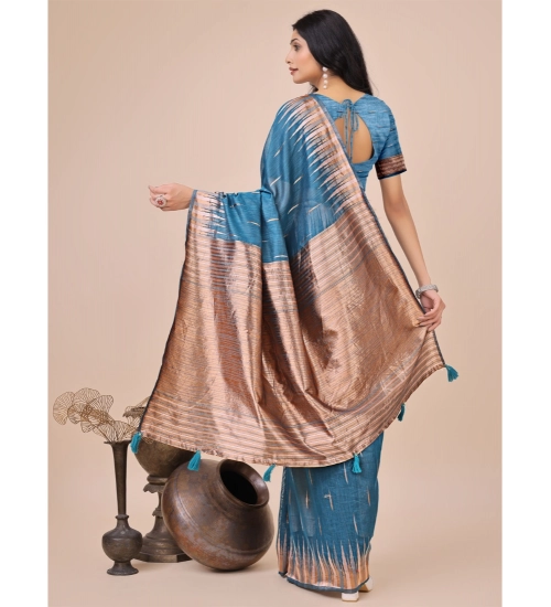 Generic Women's Linen Cotton Printed Saree With Unstitched Blouse 5.5Mtr (Blue)