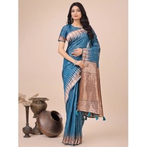 Generic Women's Linen Cotton Printed Saree With Unstitched Blouse 5.5Mtr (Blue)