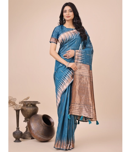 Generic Women's Linen Cotton Printed Saree With Unstitched Blouse 5.5Mtr (Blue)