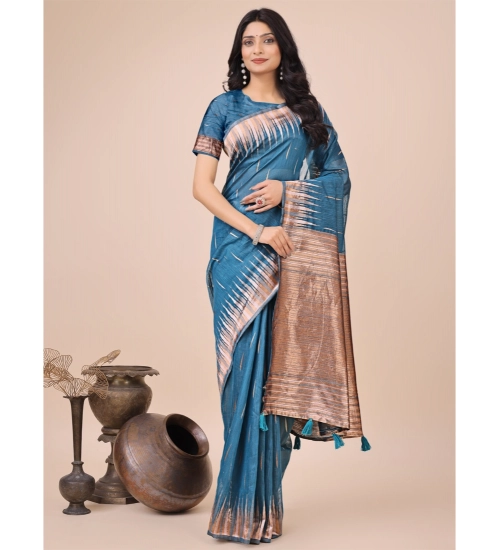 Generic Women's Linen Cotton Printed Saree With Unstitched Blouse 5.5Mtr (Blue)