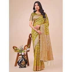 Generic Women's Linen Cotton Printed Saree With Unstitched Blouse 5.5Mtr (Olive Green)