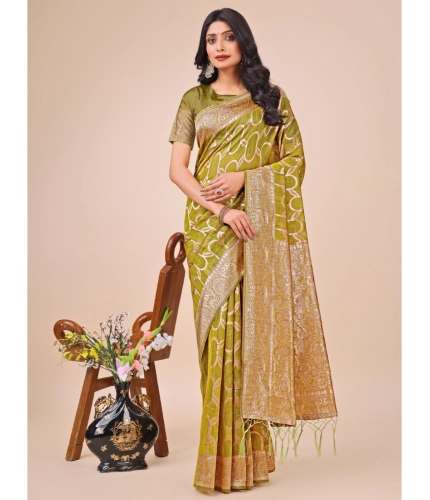 Generic Women's Linen Cotton Printed Saree With Unstitched Blouse 5.5Mtr (Olive Green)