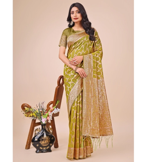 Generic Women's Linen Cotton Printed Saree With Unstitched Blouse 5.5Mtr (Olive Green)